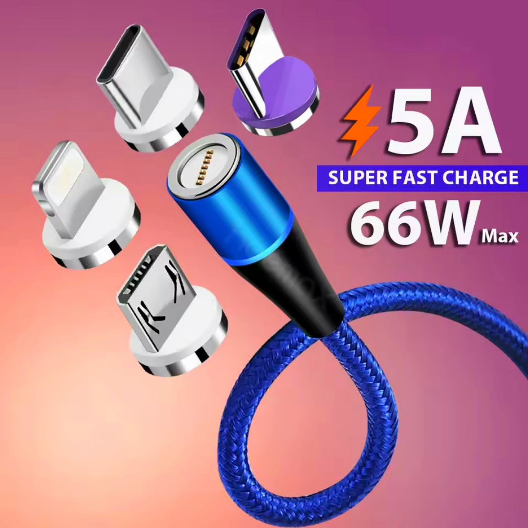 كابل USB مغناطيسي سريع الشحن 5A/3A – متعدد الرؤوس (Type-C، Micro USB، Lightning) متوافق مع هواوي، آيفون، سامسونج، شاومي، وأجهزة أندرويد الأخرى